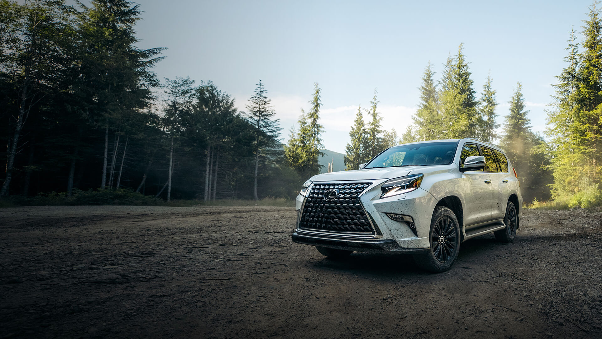 White Lexus GX being driven on the road with a forest in the backdrop.